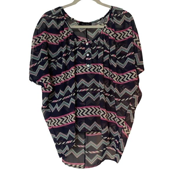 Honey Punch Tops - Honey Punch Women’s Small Blue Aztec Print 3 Button Sheer High Low Top